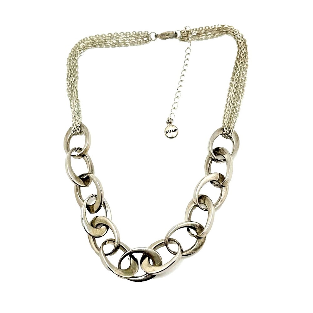 Vintage ALFANI Necklace Heavy Silver Tone Oval Link Multi Strand Chain 16"-19"